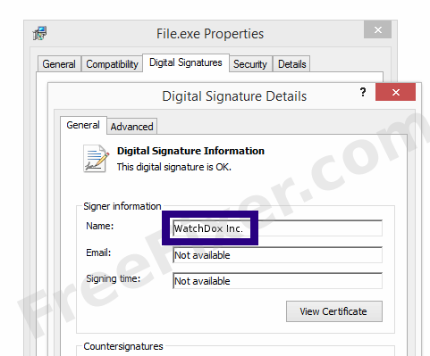 Screenshot of the WatchDox Inc. certificate